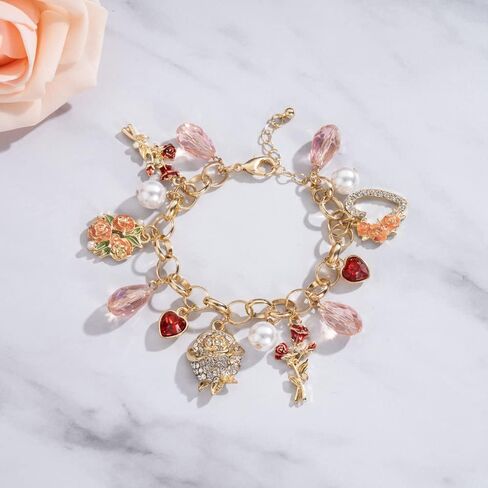 Madison Tyler Valentines Day Charms Gold Plated Rose Bracelet for Women | Pave Rhinestone Heart | Red Rose Imitation Pearl Charms Jewelry for Her | Couples Gifts Valentine's Day in Saudi Arabia