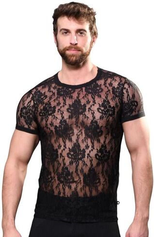 تي شيرت Andrew Christian Unleashed Lace، أسود، صغير in Saudi Arabia