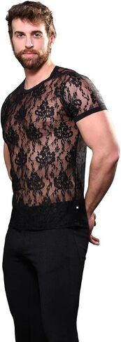 تي شيرت Andrew Christian Unleashed Lace، أسود، صغير in Saudi Arabia