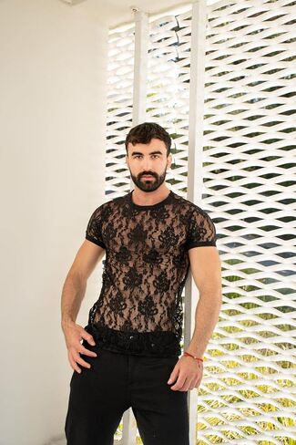 تي شيرت Andrew Christian Unleashed Lace، أسود، صغير in Saudi Arabia