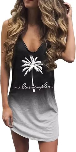 Live Simple Coconut Tree Tank Mini Dresses Women Summer Sundresses Casual Sleeveless Vacation Beach Short Summer Dress in Saudi Arabia
