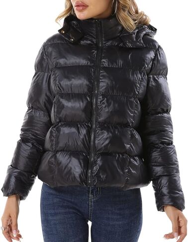 سترة منتفخة ذات لون وردي، سترة منتفخة للنساء، معطف فقاعات أسود مع غطاء للرأس in Kuwait