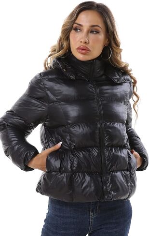 سترة منتفخة ذات لون وردي، سترة منتفخة للنساء، معطف فقاعات أسود مع غطاء للرأس in Kuwait