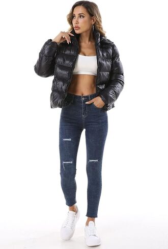 سترة منتفخة ذات لون وردي، سترة منتفخة للنساء، معطف فقاعات أسود مع غطاء للرأس in Kuwait