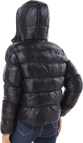 سترة منتفخة ذات لون وردي، سترة منتفخة للنساء، معطف فقاعات أسود مع غطاء للرأس in Kuwait