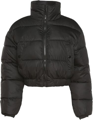Wyeysyt Women's Cropped Quilted Puffer Jacket Casual Cute Y2k Long Sleeve Full Zip Up Outerwear Coats in Kuwait