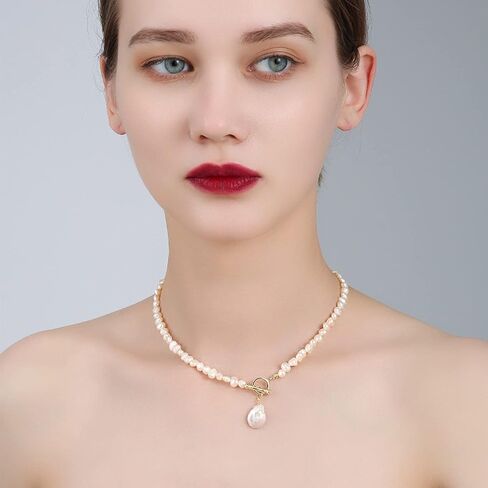 كاولاين عقد بقلادة لؤلؤ غير منتظمة منتقاة يدويا من اللؤلؤ الباروكي، سلسلة مكتنزة مصنوعة يدويا رقيقة، هدية مجوهرات للنساء، 18.9 انش، معدن، غير معروف in Kuwait