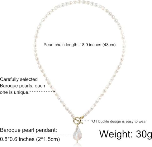 كاولاين عقد بقلادة لؤلؤ غير منتظمة منتقاة يدويا من اللؤلؤ الباروكي، سلسلة مكتنزة مصنوعة يدويا رقيقة، هدية مجوهرات للنساء، 18.9 انش، معدن، غير معروف in Kuwait