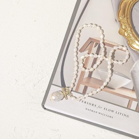 كاولاين عقد بقلادة لؤلؤ غير منتظمة منتقاة يدويا من اللؤلؤ الباروكي، سلسلة مكتنزة مصنوعة يدويا رقيقة، هدية مجوهرات للنساء، 18.9 انش، معدن، غير معروف in Kuwait