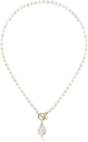 كاولاين عقد بقلادة لؤلؤ غير منتظمة منتقاة يدويا من اللؤلؤ الباروكي، سلسلة مكتنزة مصنوعة يدويا رقيقة، هدية مجوهرات للنساء، 18.9 انش، معدن، غير معروف in Kuwait