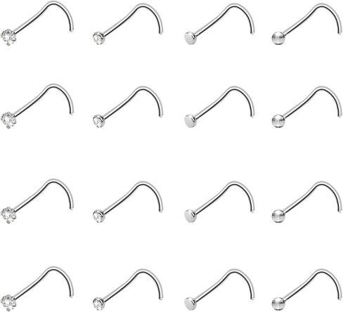 CrazyPiercing 18G Nose Ring Studs, 16 PCS S Shaped Nose Rings Stainless Steel Nose Piercings Thin Nose Rings Flat Top/Spherical/Round/Cubic Crystal Zirconia, Stainless Steel, cubic zirconia in Kuwait