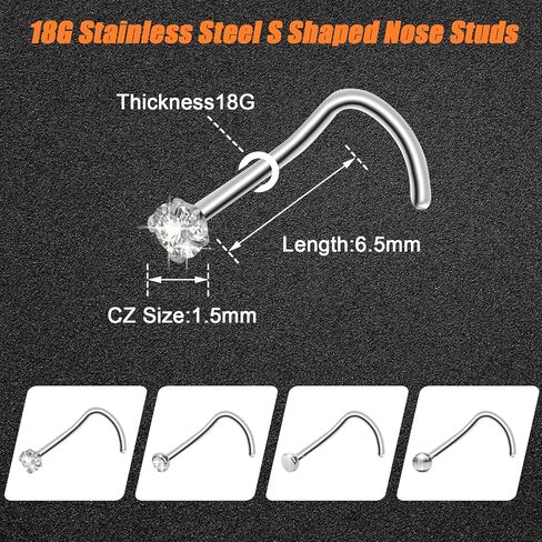 CrazyPiercing 18G Nose Ring Studs, 16 PCS S Shaped Nose Rings Stainless Steel Nose Piercings Thin Nose Rings Flat Top/Spherical/Round/Cubic Crystal Zirconia, Stainless Steel, cubic zirconia in Kuwait