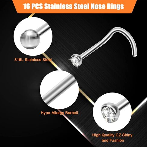 CrazyPiercing 18G Nose Ring Studs, 16 PCS S Shaped Nose Rings Stainless Steel Nose Piercings Thin Nose Rings Flat Top/Spherical/Round/Cubic Crystal Zirconia, Stainless Steel, cubic zirconia in Kuwait