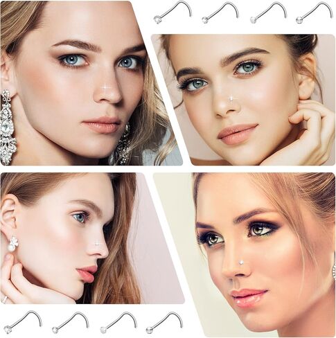 CrazyPiercing 18G Nose Ring Studs, 16 PCS S Shaped Nose Rings Stainless Steel Nose Piercings Thin Nose Rings Flat Top/Spherical/Round/Cubic Crystal Zirconia, Stainless Steel, cubic zirconia in Kuwait