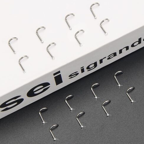 CrazyPiercing 18G Nose Ring Studs, 16 PCS S Shaped Nose Rings Stainless Steel Nose Piercings Thin Nose Rings Flat Top/Spherical/Round/Cubic Crystal Zirconia, Stainless Steel, cubic zirconia in Kuwait