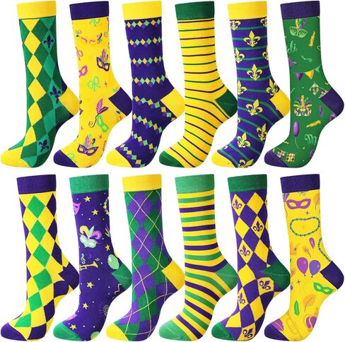 Cuffbow 12 Pairs Mardi Gras Purple Crew Socks Bulk Classic Patterned Cotton Novelty Socks Unisex Casual Gold Green Purple Dress Socks for Gift Party Athletic, Men Shoe Size 7-12, Women Shoe Size 8-13 in Saudi Arabia