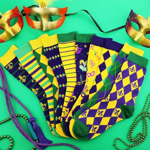 Cuffbow 12 Pairs Mardi Gras Purple Crew Socks Bulk Classic Patterned Cotton Novelty Socks Unisex Casual Gold Green Purple Dress Socks for Gift Party Athletic, Men Shoe Size 7-12, Women Shoe Size 8-13 in Saudi Arabia
