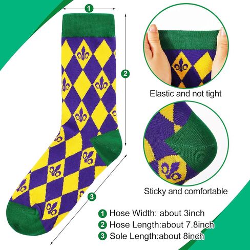 Cuffbow 12 Pairs Mardi Gras Purple Crew Socks Bulk Classic Patterned Cotton Novelty Socks Unisex Casual Gold Green Purple Dress Socks for Gift Party Athletic, Men Shoe Size 7-12, Women Shoe Size 8-13 in Saudi Arabia