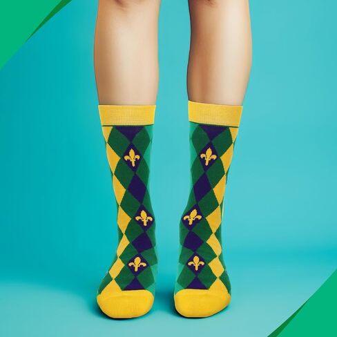 Cuffbow 12 Pairs Mardi Gras Purple Crew Socks Bulk Classic Patterned Cotton Novelty Socks Unisex Casual Gold Green Purple Dress Socks for Gift Party Athletic, Men Shoe Size 7-12, Women Shoe Size 8-13 in Saudi Arabia