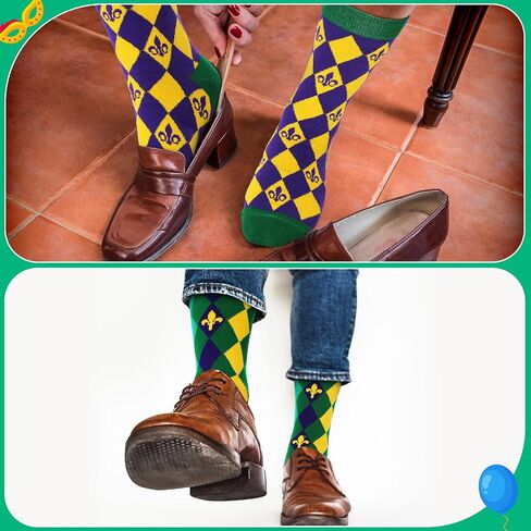 Cuffbow 12 Pairs Mardi Gras Purple Crew Socks Bulk Classic Patterned Cotton Novelty Socks Unisex Casual Gold Green Purple Dress Socks for Gift Party Athletic, Men Shoe Size 7-12, Women Shoe Size 8-13 in Saudi Arabia