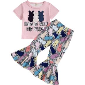 Toddler Girl Easter Bunny Outfits Kid Girls Hangin with My Peeps Bell Bottom Pants Set 2Pcs Summer Clothes