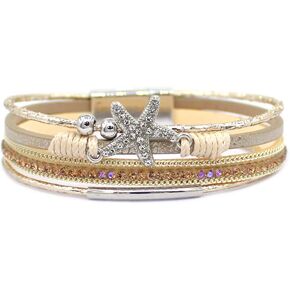 P Ammy Fashion® Multi-layered Leather Bracelet Rhinestone Starfish Stackable Boho Cuff Bangles Bohemian Jewelry Gift for Women or teen girls with Magnetic Clasp