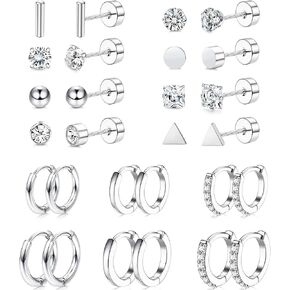 ريوسو 14 زوجًا من الأقراط المصنوعة من الستيل الجراحي للنساء والرجال لا تسبب الحساسية، اقراط حلقية مسطحة الظهر للاذن الحساسة، مجموعة اقراط مسمار للغضروف الخلفي المسطح in Kuwait