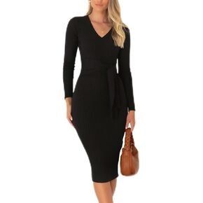 فستان نسائي أنيق من Yuanlar برقبة على شكل حرف V وأكمام طويلة وربطات عنق محبوكة ضيقة ومقاس متوسط ​​الطول in Kuwait