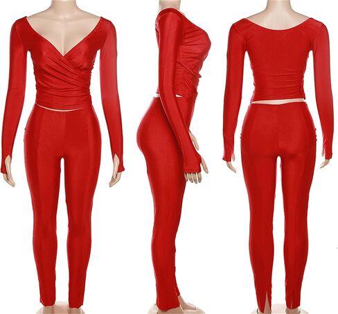 طقم نسائي من NRTHYE مكون من قطعتين مثير وأكمام طويلة بدون أكتاف، أطقم سراويل ضيقة وملابس النادي in Kuwait