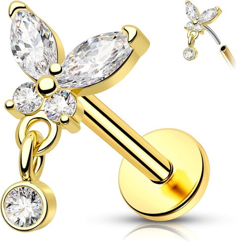 Melighting 14K Solid Gold Butterfly Flat Back Earring Titanium Dangle Threadless Earring 16G 18G Gold Butterfly Cartilage Earring Tragus Piercing Jewelry Gold Helix Earring for Women in Saudi Arabia
