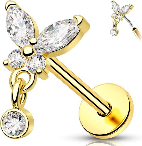 Melighting 14K Solid Gold Butterfly Flat Back Earring Titanium Dangle Threadless Earring 16G 18G Gold Butterfly Cartilage Earring Tragus Piercing Jewelry Gold Helix Earring for Women in Saudi Arabia