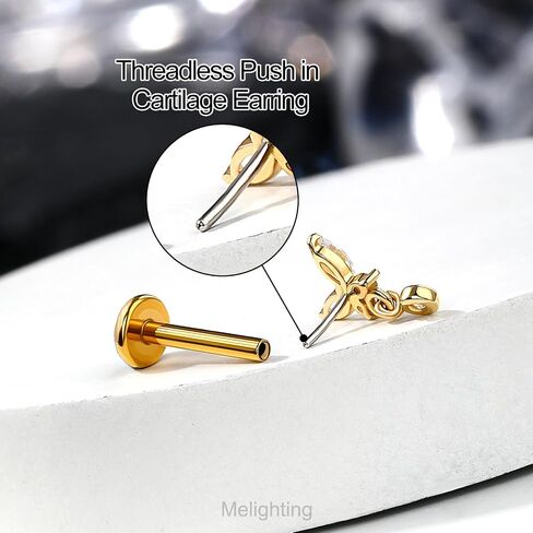 Melighting 14K Solid Gold Butterfly Flat Back Earring Titanium Dangle Threadless Earring 16G 18G Gold Butterfly Cartilage Earring Tragus Piercing Jewelry Gold Helix Earring for Women in Saudi Arabia