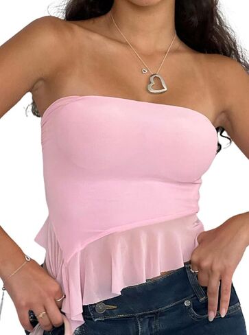 Remidoo Women's Ruffle Asymmetrical Hem Crop Tops Sexy Sheer Mesh Strapless Tube Top in Saudi Arabia