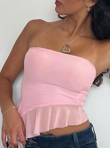 Remidoo Women's Ruffle Asymmetrical Hem Crop Tops Sexy Sheer Mesh Strapless Tube Top in Saudi Arabia