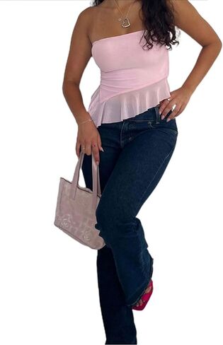 Remidoo Women's Ruffle Asymmetrical Hem Crop Tops Sexy Sheer Mesh Strapless Tube Top in Saudi Arabia