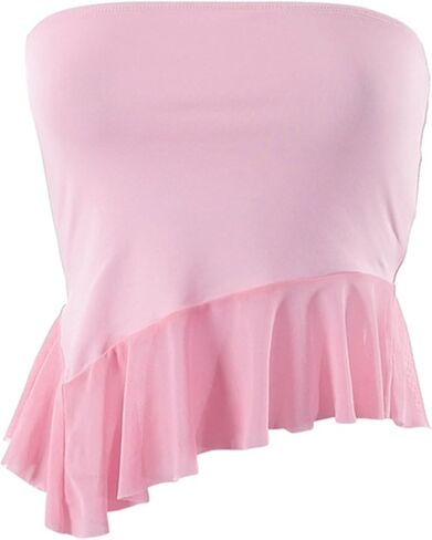 Remidoo Women's Ruffle Asymmetrical Hem Crop Tops Sexy Sheer Mesh Strapless Tube Top in Saudi Arabia