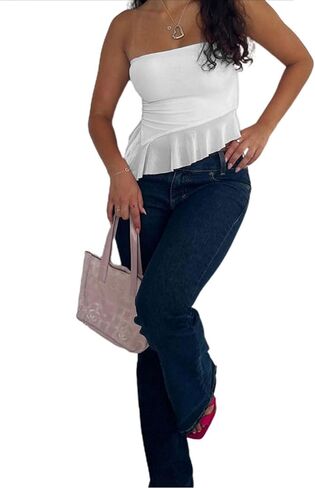 Remidoo Women's Ruffle Asymmetrical Hem Crop Tops Sexy Sheer Mesh Strapless Tube Top in Saudi Arabia