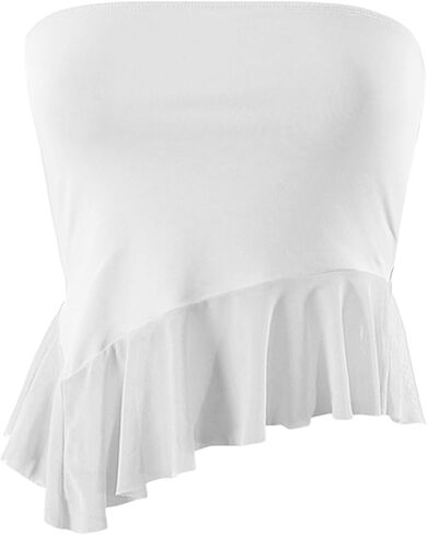 Remidoo Women's Ruffle Asymmetrical Hem Crop Tops Sexy Sheer Mesh Strapless Tube Top in Saudi Arabia