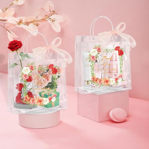 24 قطعة من حقيبة هدايا الزفاف بمقبض، حقائب هدايا شفافة مع شريط لحفلات الزفاف وحقائب بلاستيكية وحقائب تغليف الهدايا لحفلات الزفاف والخطوبة والذكرى السنوية ((7.87 بوصة × 7.87 بوصة × 3.94 بوصة) in Kuwait