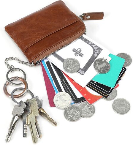 Genuine Leather Small Coin Purse Wallet With Keychain Cash Coin Pouch Change purse Card Holder For Men Brown, Fashion in Kuwait