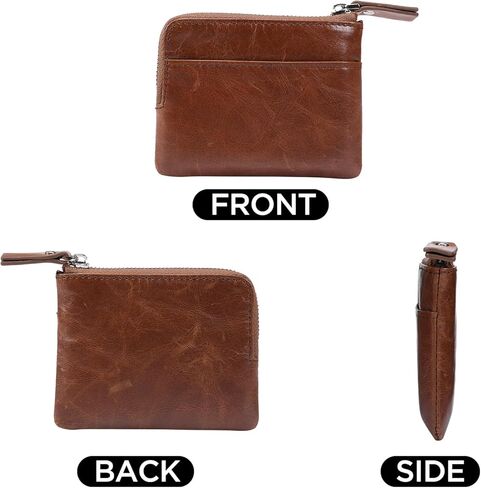 Genuine Leather Small Coin Purse Wallet With Keychain Cash Coin Pouch Change purse Card Holder For Men Brown, Fashion in Kuwait