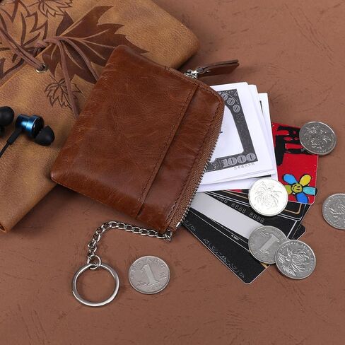 Genuine Leather Small Coin Purse Wallet With Keychain Cash Coin Pouch Change purse Card Holder For Men Brown, Fashion in Kuwait