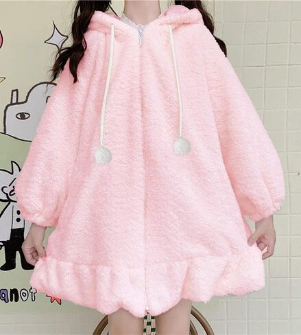 BZB Kawaii Anime Bunny Ear Hoodies For Women Sweet Lovely Fuzzy Fluffy Rabbit Sweater Tops Cosplay Jacket Coats in Kuwait