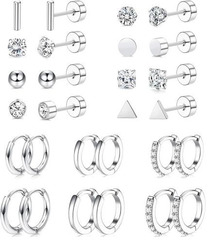 ريوسو 14 زوجًا من الأقراط المصنوعة من الستيل الجراحي للنساء والرجال لا تسبب الحساسية، اقراط حلقية مسطحة الظهر للاذن الحساسة، مجموعة اقراط مسمار للغضروف الخلفي المسطح in Kuwait