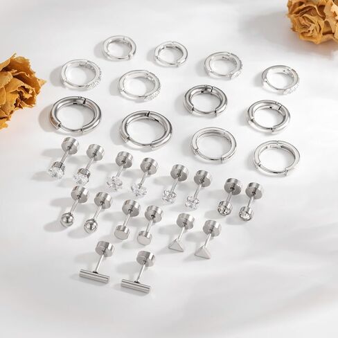 ريوسو 14 زوجًا من الأقراط المصنوعة من الستيل الجراحي للنساء والرجال لا تسبب الحساسية، اقراط حلقية مسطحة الظهر للاذن الحساسة، مجموعة اقراط مسمار للغضروف الخلفي المسطح in Kuwait