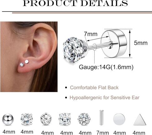 ريوسو 14 زوجًا من الأقراط المصنوعة من الستيل الجراحي للنساء والرجال لا تسبب الحساسية، اقراط حلقية مسطحة الظهر للاذن الحساسة، مجموعة اقراط مسمار للغضروف الخلفي المسطح in Kuwait