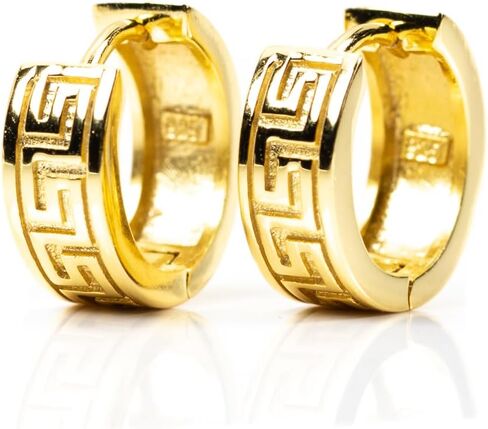 Small Solid 14K Yellow Gold 925 Sterling Silver Men's Women's Trendy Hypoallergenic Unisex Greek Key Pattern Huggie Hoop Earrings Jewelry Gifts for Men Women in Saudi Arabia