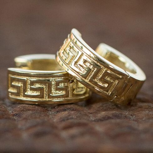 Small Solid 14K Yellow Gold 925 Sterling Silver Men's Women's Trendy Hypoallergenic Unisex Greek Key Pattern Huggie Hoop Earrings Jewelry Gifts for Men Women in Saudi Arabia