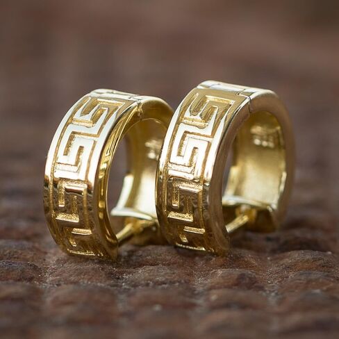 Small Solid 14K Yellow Gold 925 Sterling Silver Men's Women's Trendy Hypoallergenic Unisex Greek Key Pattern Huggie Hoop Earrings Jewelry Gifts for Men Women in Saudi Arabia