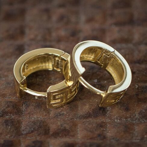 Small Solid 14K Yellow Gold 925 Sterling Silver Men's Women's Trendy Hypoallergenic Unisex Greek Key Pattern Huggie Hoop Earrings Jewelry Gifts for Men Women in Saudi Arabia
